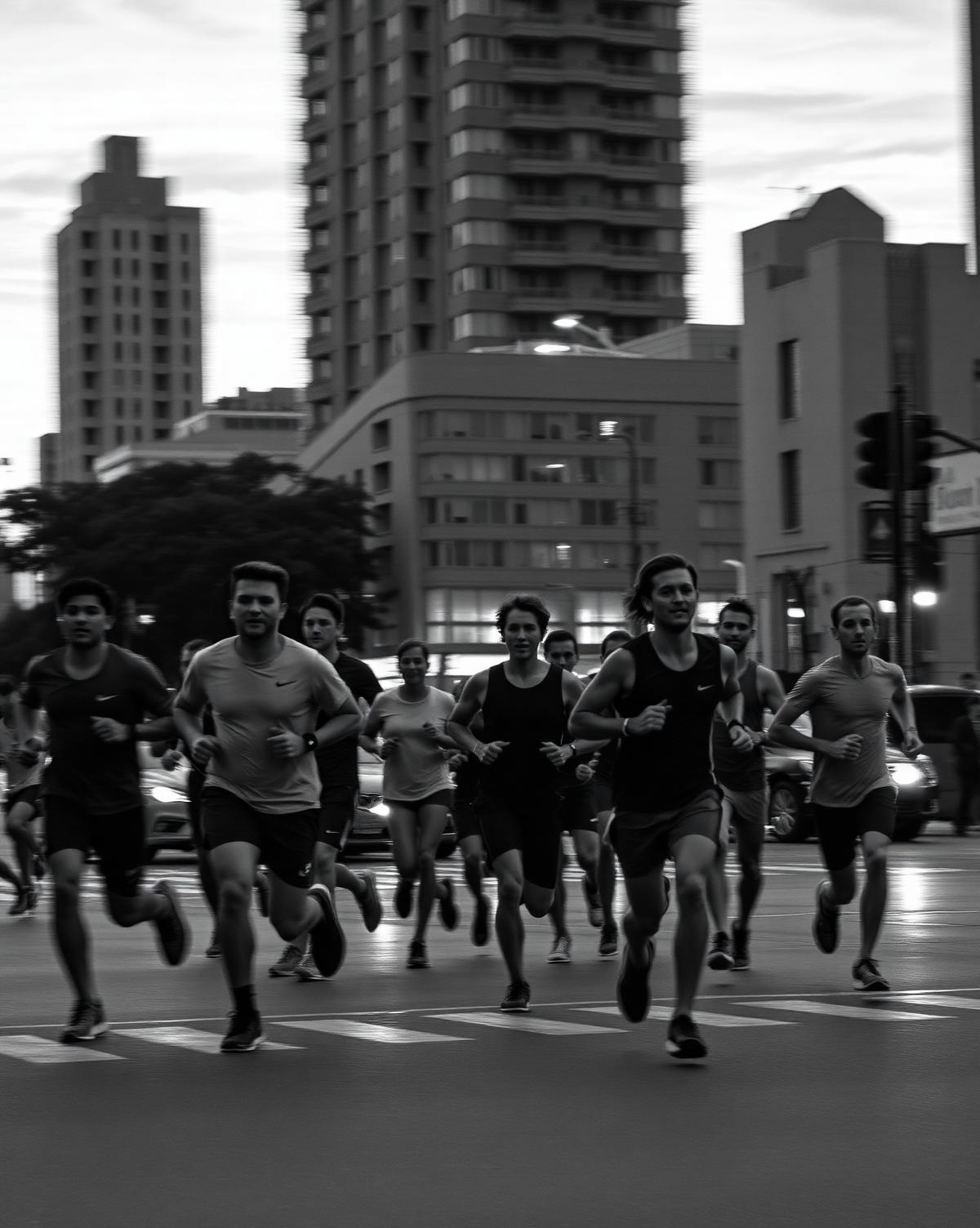 Diverse group of urban runners on a city street at dusk